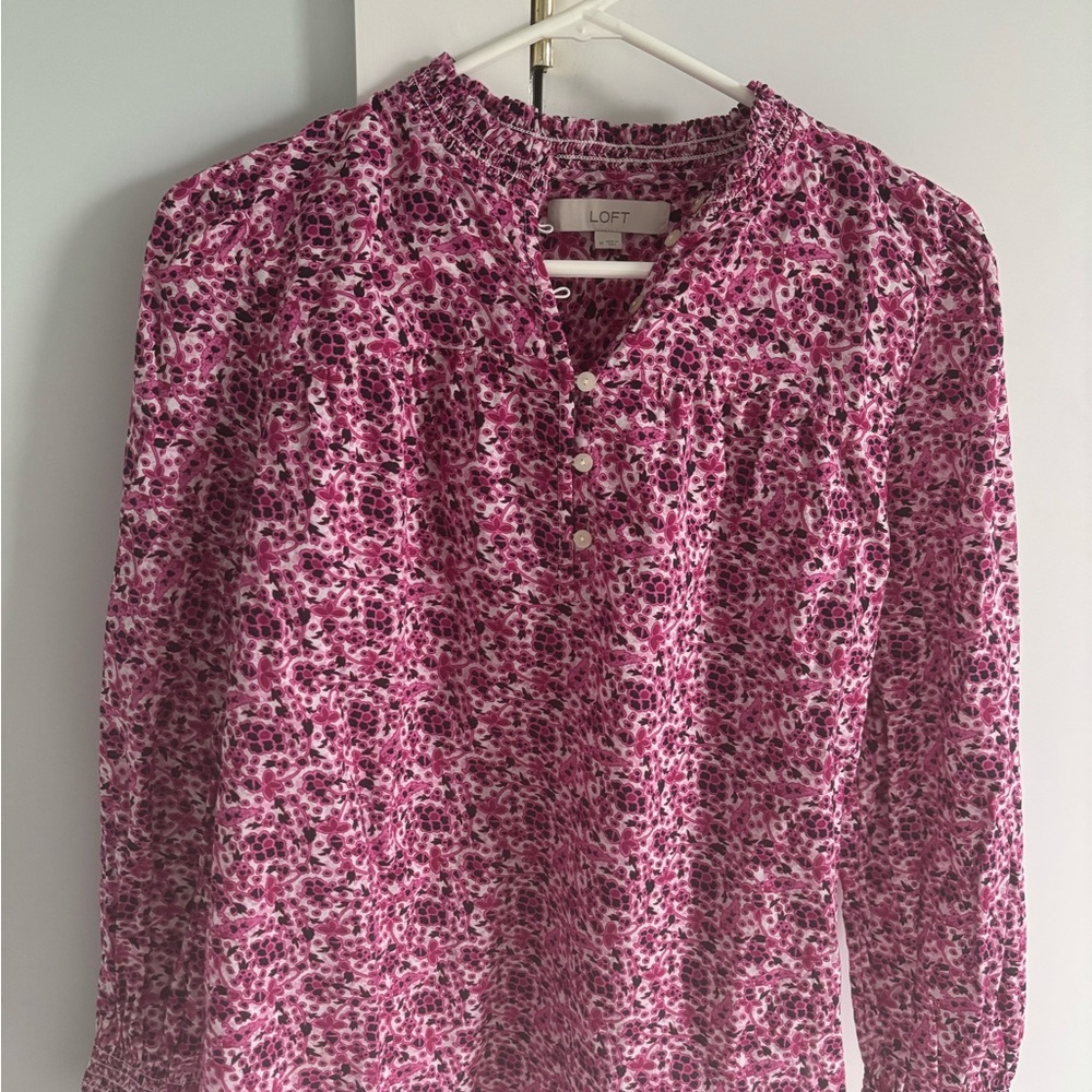 LOFT Pink Smocked Blouse with Mandarin Collar